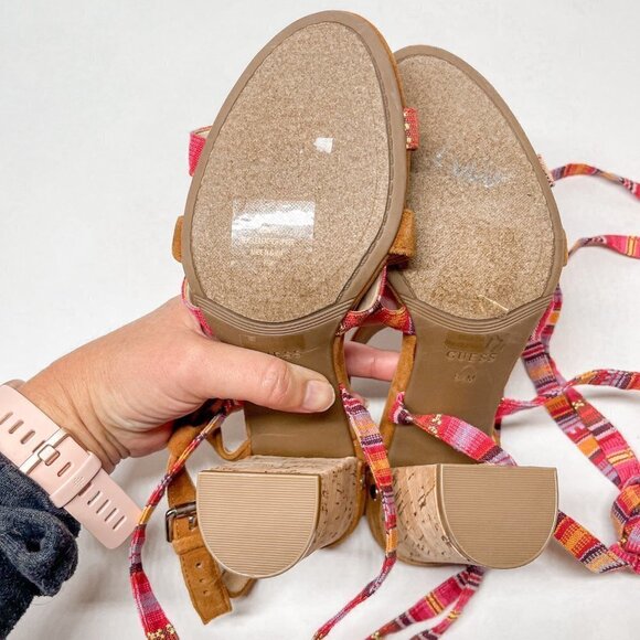 GUESS Heels Brown Suede Block Sandals Shoes Tie Ankle Open Toe Women Size 8.5 - Picture 6 of 6